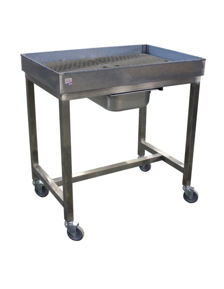 CHARIOT DE DESSOUVIDAGE INOX. 4 ROUES Ø100 MM CHAPES ZINGUEES DONT 2 FREINEES. AVEC BAC DE RECUPERATION GN 1/1 H-100 MM L (en mm