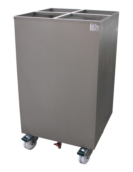 CHARIOT INOX 304 POUR TREMPAGE DE BROCHES DE ROTISSOIRE. 4 ROUES 2 A FREINS. 
4 COMPARTIMENTS L (en mm) : 500 - P (en mm) : 500