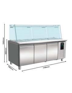 TABLE RÉFRIGÉRÉE AVEC VERRE 3 PORTES5X 1/1 GN RÉCIPIENT 2
