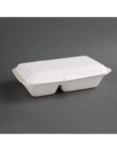 Boîtes 2 compartiments avec couvercle à charnière compostables en bagasse Fiesta Compostable 253mm (lot de 200)