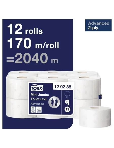 Papier toilette 2 plis Mini Jumbo Tork 170m (Lot de 12)
