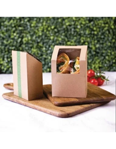 Boîtes à wrap et tortilla kraft compostables avec fenêtre PLA Vegware