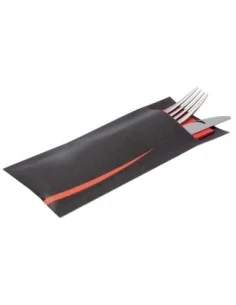 Pochettes à couverts noires avec serviette rouge Europochette (Lot de 100) 2
